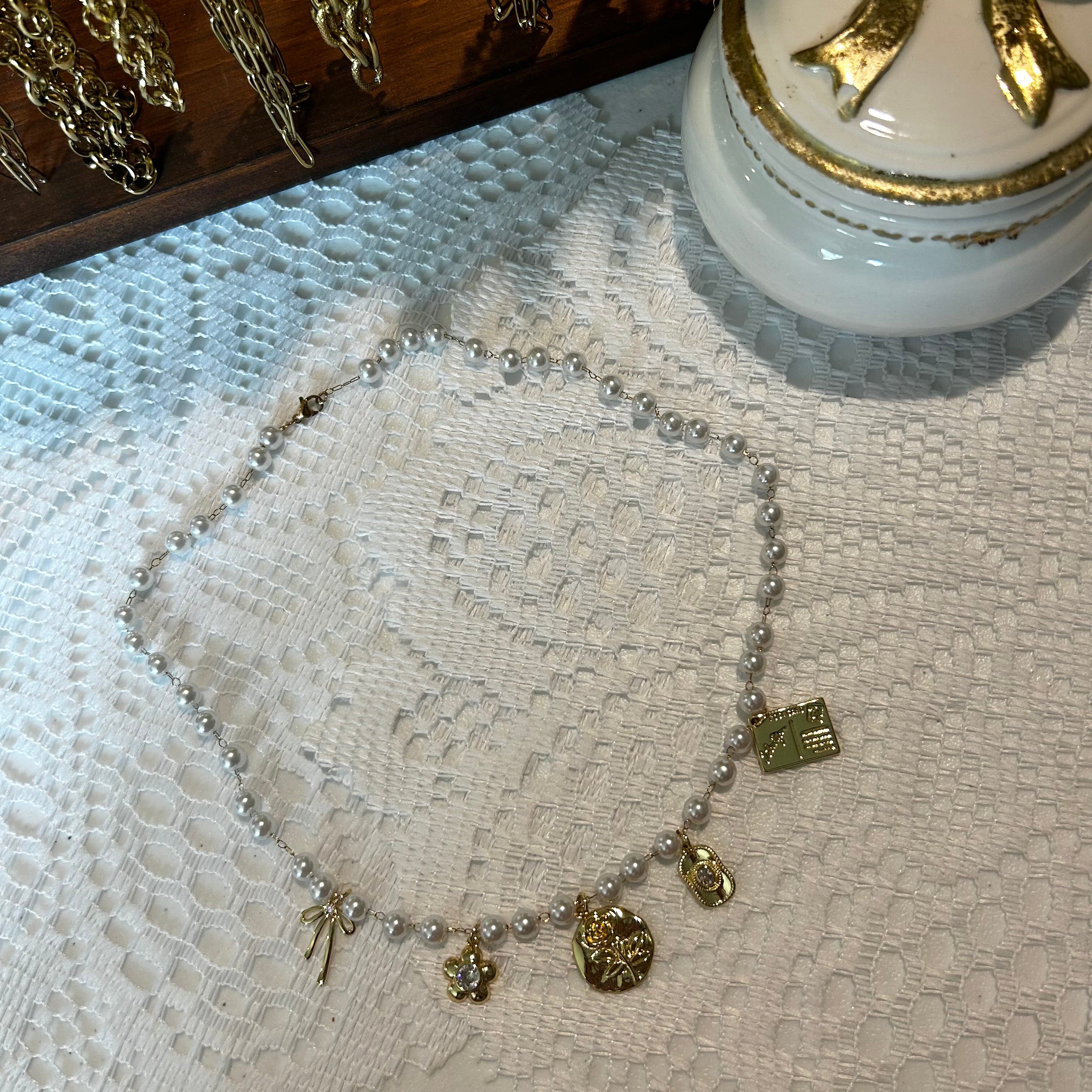 Gold Vintage Charm Necklace with Pearls