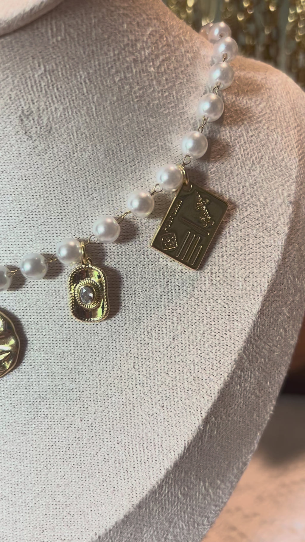 Gold Vintage Charm Necklace with Pearls